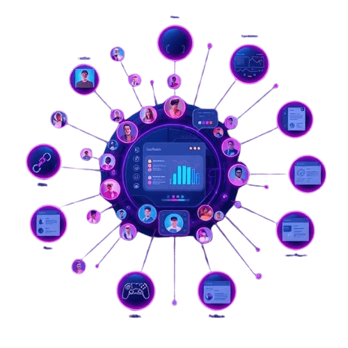 Red de talento global conectada - Visualización de la plataforma de simulación laboral mostrando equipos interconectados trabajando en tiempo real