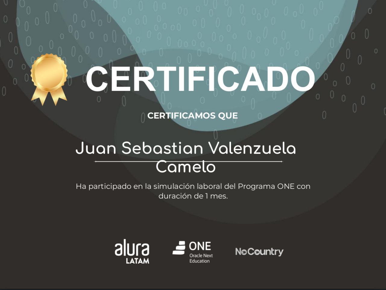 Certificado de participación del Hackathon ONE