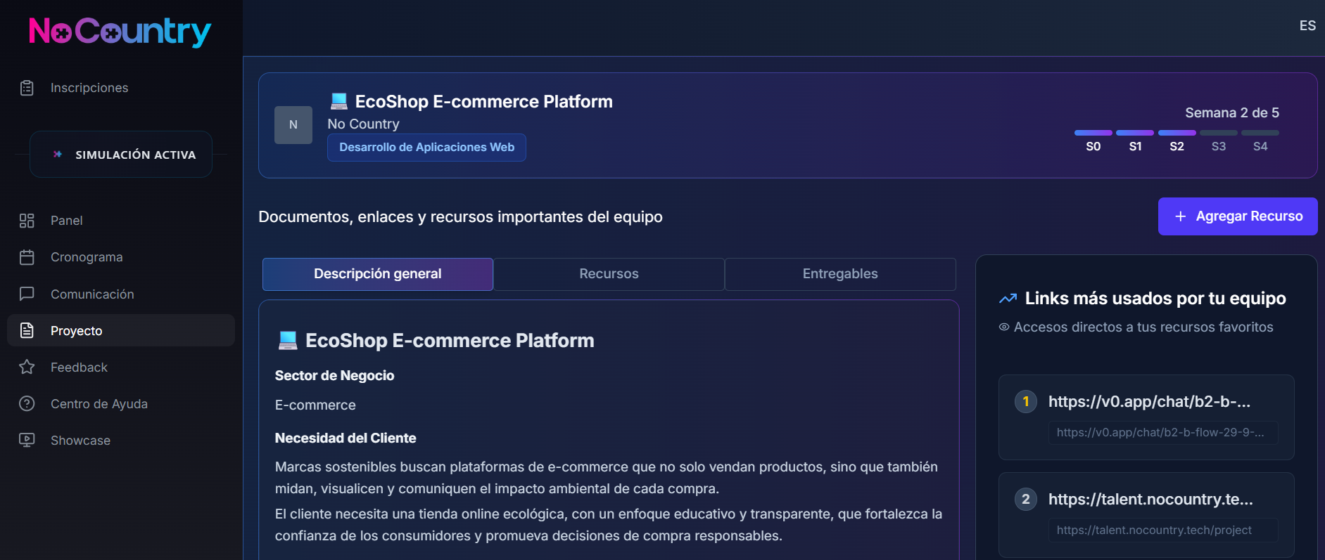 Vista de la plataforma - Desafío de negocio real