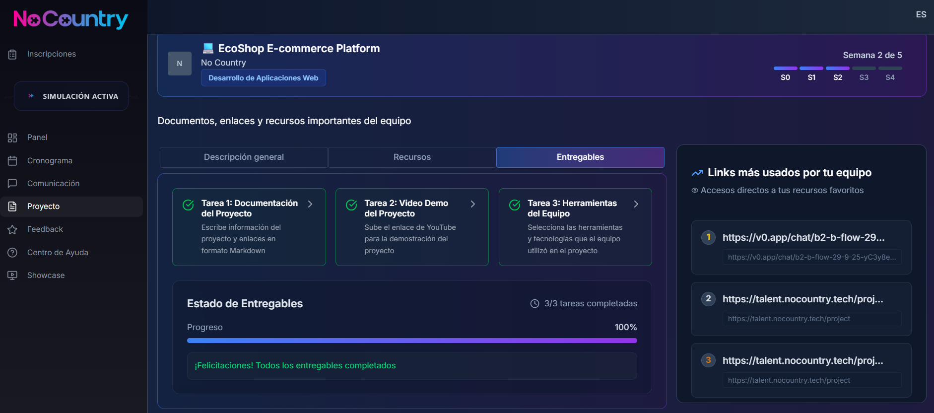 Dashboard de simulación laboral mostrando equipos, proyectos y métricas