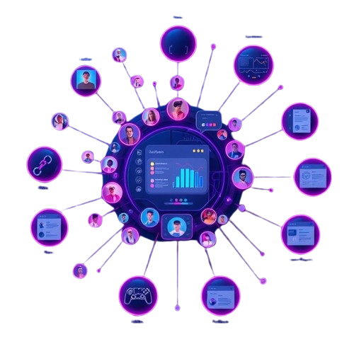 Red de talento global conectada - Visualización de la plataforma de simulación laboral mostrando equipos interconectados trabajando en tiempo real